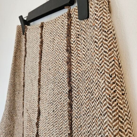 Vintage Ann Taylor LOFT Silk Wool Tan Brown Herringbone Tweed A-Line Skirt 4P - Picture 3 of 7